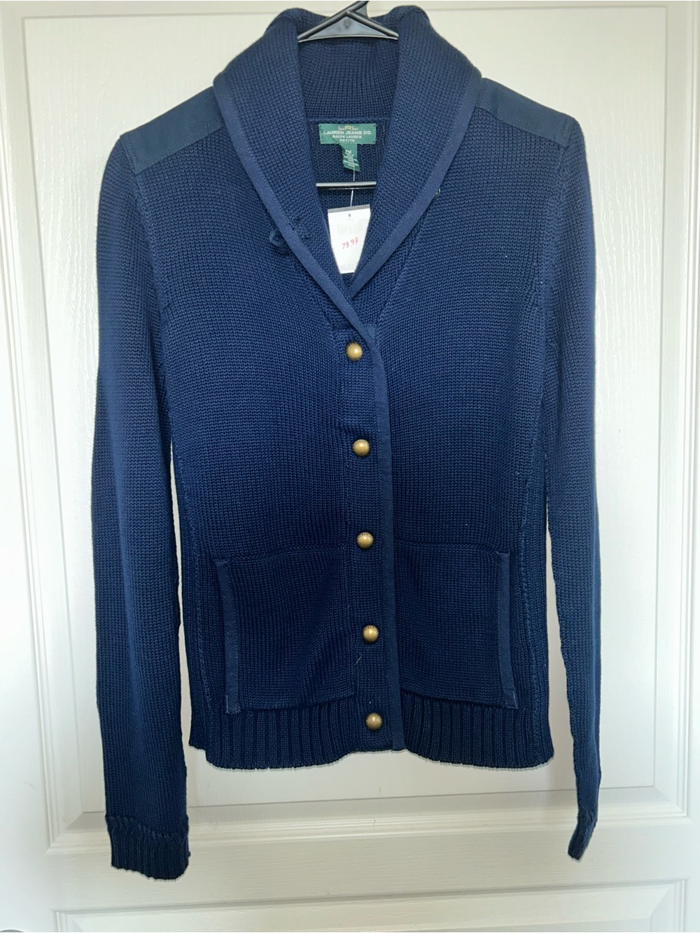 Ralph Lauren Navy Shawl Collar Button-Front Cardigan with Gold Buttons